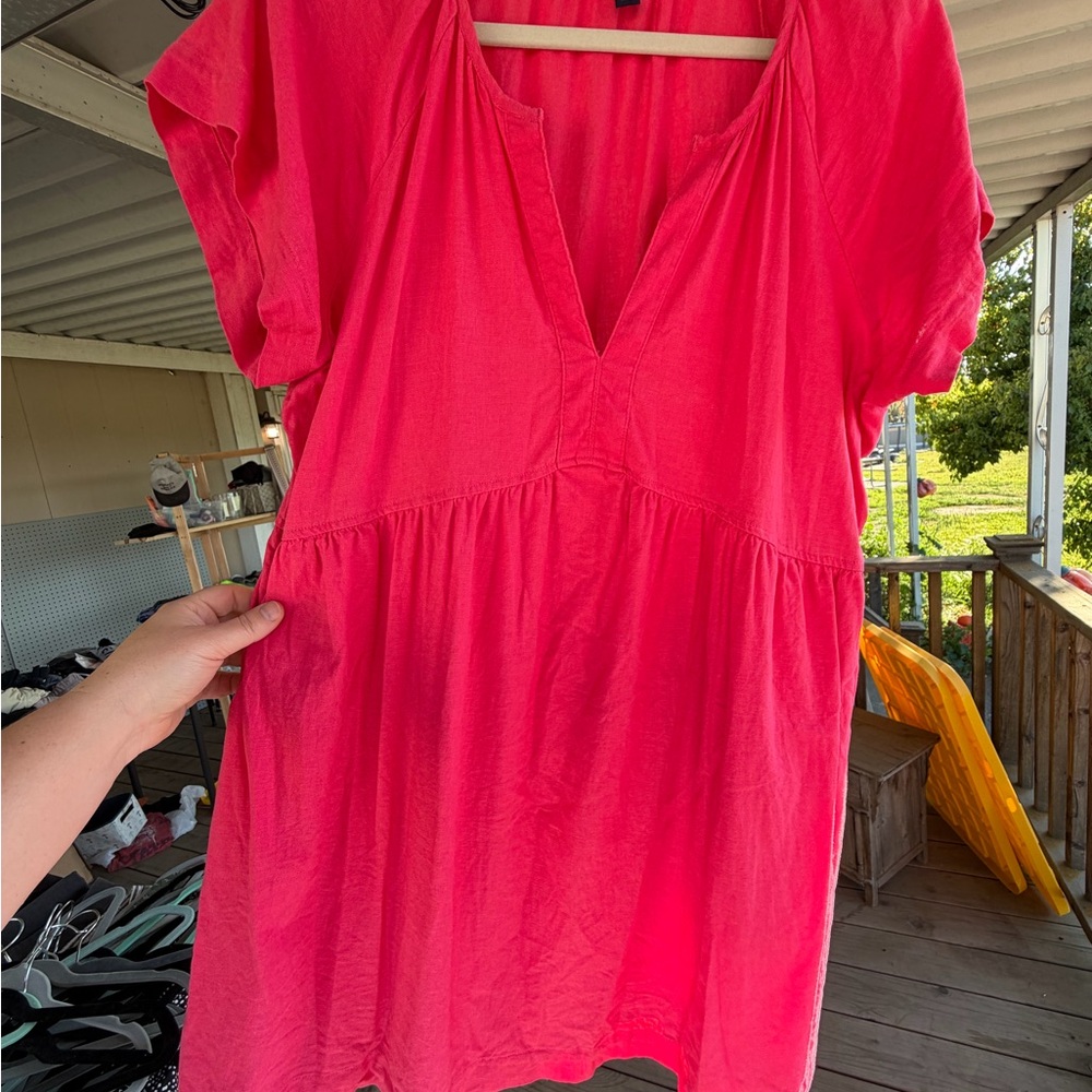 Women’s V-Neck Short Sleeve Tunic Dress- Hot Pink